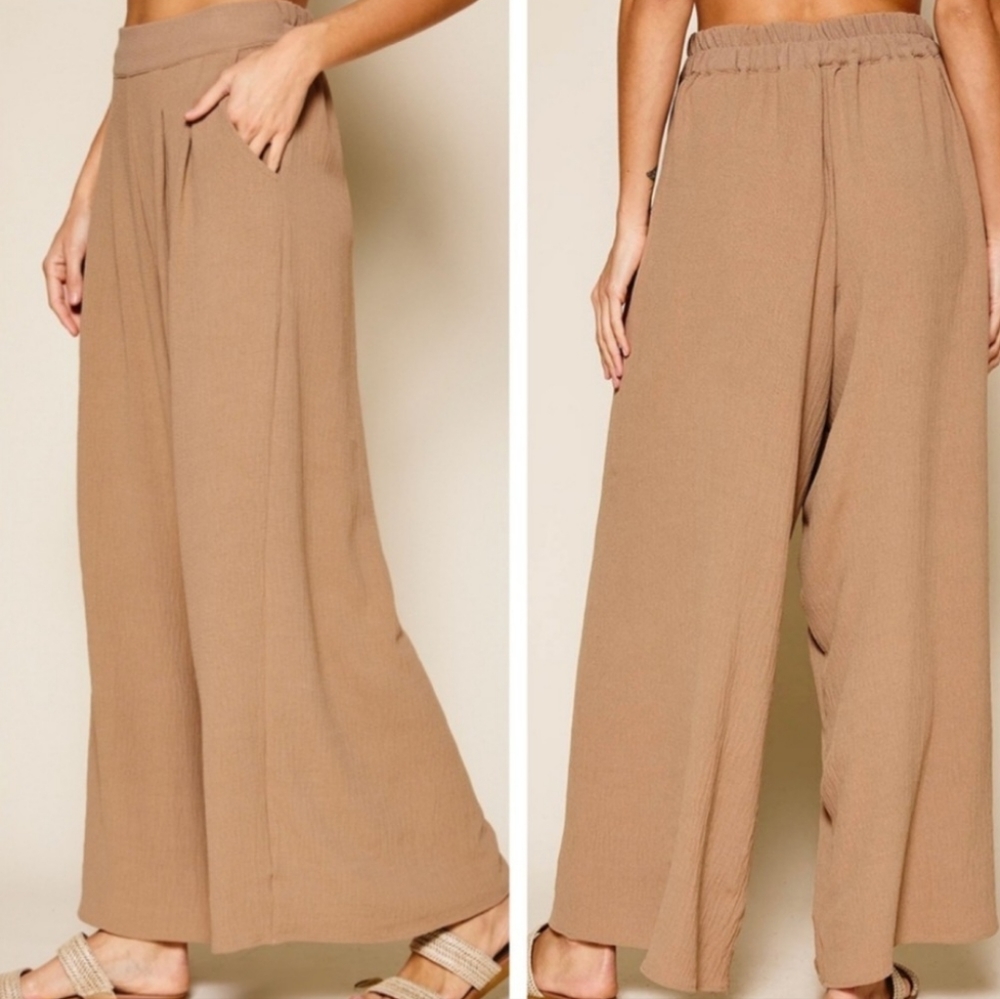 #128 LAST CHANCE! 🛑L Mocha Khaki Fabulous Boho Wide Leg Solid Pleated Pants - Picture 7 of 11
